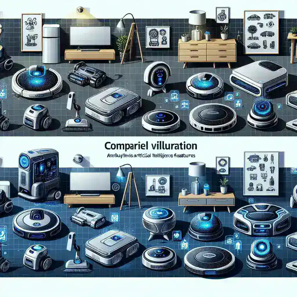 "Robot vacuum cleaner with artificial intelligence navigating a modern living room, demonstrating advanced features and smart technology in a comparison of the latest models."