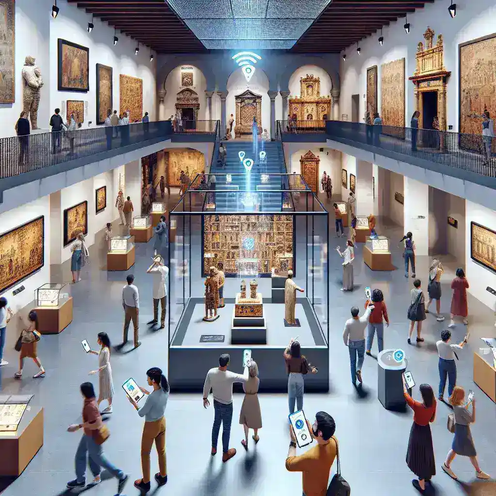 "Interactive museum visitor using a smartphone app to enhance the experience at a Spanish museum, showcasing innovative technology in cultural spaces."