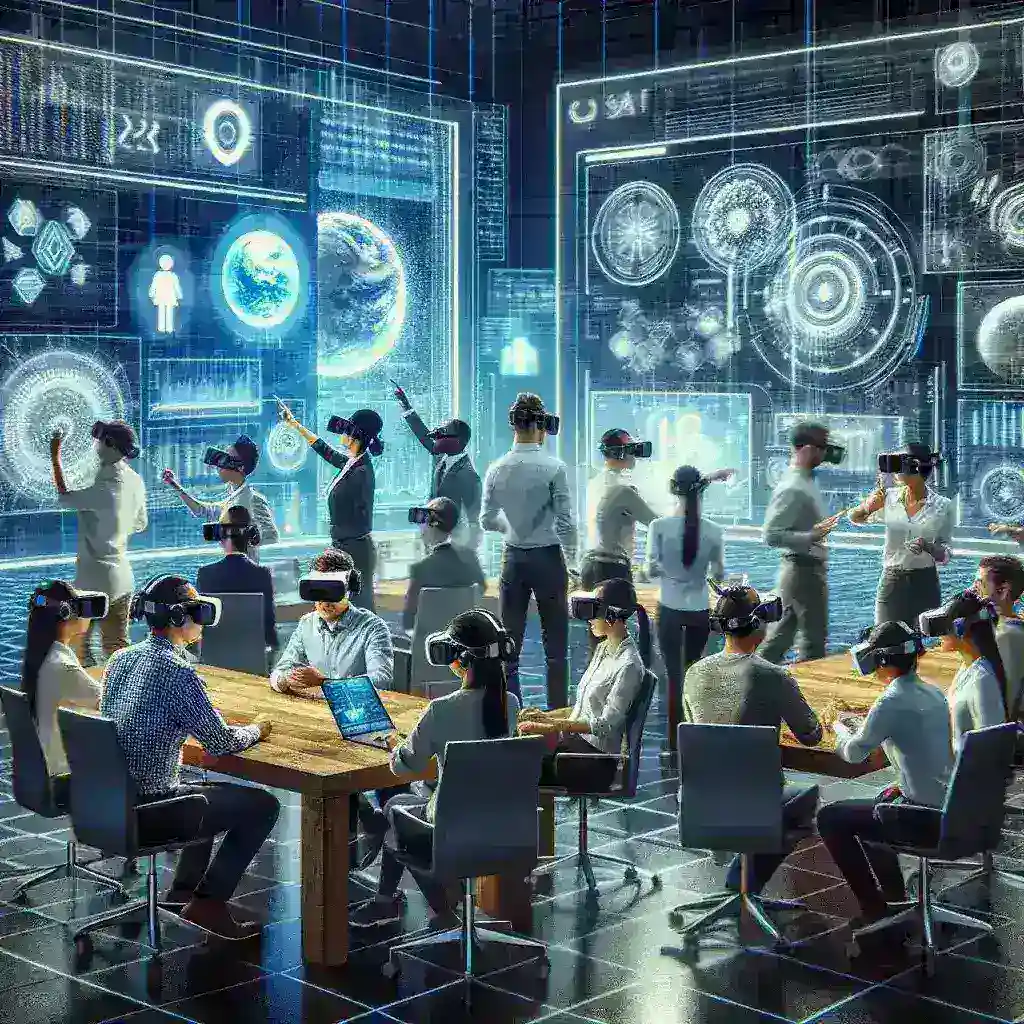 "Colaboradores utilizando plataformas de trabajo colaborativo en realidad mixta para mejorar la productividad y comunicación en proyectos innovadores."