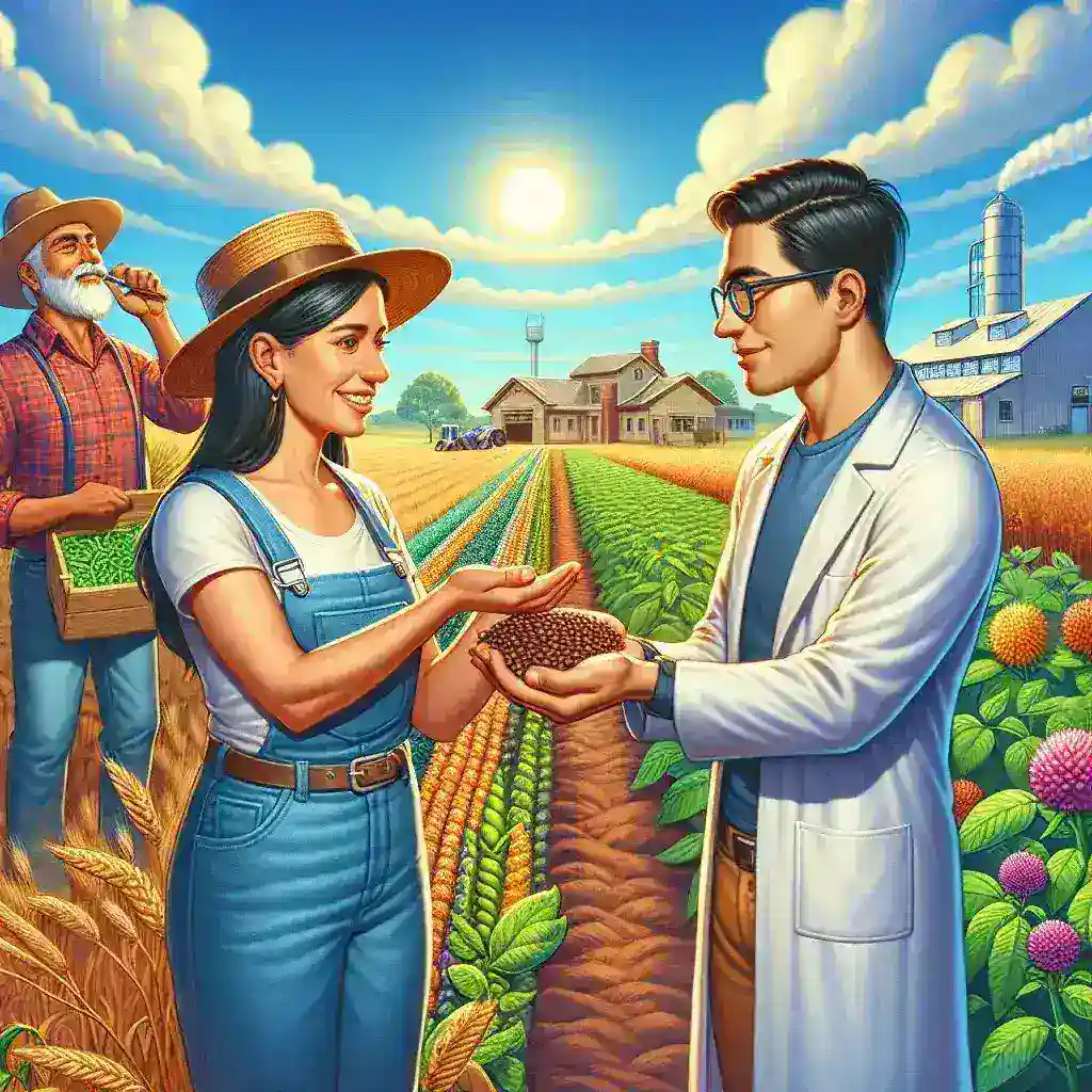 "Group of farmers collaborating with researchers in a fieldwork setting, discussing local seed quality development for sustainable agriculture in a community-driven initiative."
